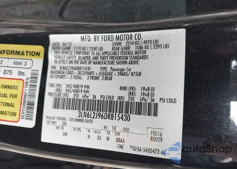 2013 Lincoln Mkz from USA, damaged, VIN 3LN6L2J96DR815430